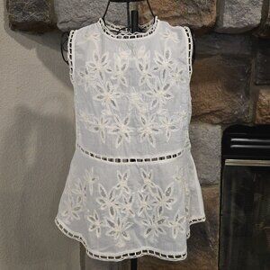 Lucky Brand Off-White Floral Embroidered Peplum Top